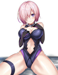 Rule 34 | 1girl, 3:, bad id, bad pixiv id, bare shoulders, black gloves, breasts, choker, cleavage, crotch, fate/grand order, fate (series), fur trim, gloves, hair over one eye, harimoji, highres, looking at viewer, mash kyrielight, navel, purple eyes, purple gloves, purple hair, short hair, simple background, sitting, solo, sweat, thigh strap, white background