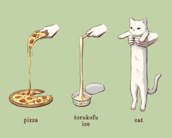 Rule 34 | animal, annotated, avogado6, black eyes, cat, cheese trail, colored sclera, commentary, disembodied limb, english text, food, green background, holding, holding animal, holding cat, holding food, longcat (meme), meme, original, pepperoni, pizza, simple background, stick, white cat, yellow sclera