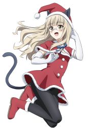 Rule 34 | 1girl, animal ears, blonde hair, blush, breasts, cat ears, cat tail, christmas, cleavage, elbow gloves, eyebrows hidden by hair, full body, glasses, gloves, hat, highres, kanata mako, long hair, open mouth, pantyhose, perrine h. clostermann, santa costume, santa hat, simple background, small breasts, smile, solo, strike witches, tail, white background, white gloves, world witches series, yellow eyes