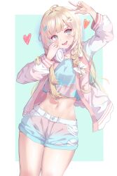 Rule 34 | 1girl, absurdres, artist request, blonde hair, heart, highres, hololive, holox, kazama iroha, long hair, long sleeves, looking at viewer, navel, open clothes, open mouth, smile, solo, virtual youtuber