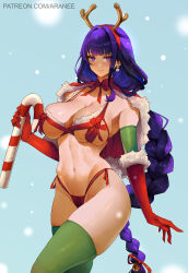 Rule 34 | 1girl, alternate costume, antlers, araneesama, bikini, blue background, braid, braided ponytail, breasts, candy, candy cane, capelet, cleavage, closed mouth, commentary, elbow gloves, english commentary, fake antlers, food, fur-trimmed bikini, fur-trimmed gloves, fur trim, genshin impact, gloves, green gloves, green thighhighs, highleg, highleg bikini, highres, holding, holding candy, holding candy cane, holding food, large breasts, long hair, looking at viewer, mole, mole under eye, navel, paid reward available, patreon username, purple eyes, purple hair, raiden shogun, red bikini, red capelet, red gloves, reindeer antlers, side-tie bikini bottom, simple background, skindentation, smile, snowing, snowman earrings, solo, stomach, swimsuit, thighhighs, thighs