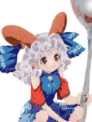 Rule 34 | 1girl, absurdres, bare shoulders, black nails, blue dress, blue horns, breasts, closed mouth, curly hair, detached sleeves, dress, earrings, fingernails, frilled dress, frills, fufuyomumusu, happy, highres, holding, horn ornament, horn ribbon, horns, jewelry, long hair, mandarin collar, meandros, medium hair, nail polish, oversized object, patterned clothing, pointy ears, red eyes, red horns, red sleeves, ribbon, sheep horns, simple background, small breasts, smile, solo, squatting, touhou, toutetsu yuuma, unfinished dream of all living ghost, utensil, white background