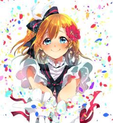 Rule 34 | 10s, 1girl, blue eyes, blush, bow, bowtie, brown hair, confetti, earrings, feather hair ornament, feathers, flower, frilled shirt collar, frills, gloves, hair bow, hair flower, hair ornament, jewelry, kira-kira sensation!, kosaka honoka, looking at viewer, love live!, love live! school idol project, multiple girls, orange hair, outstretched arms, red ribbon, ribbon, shinonome neko-tarou, short hair, side ponytail, simple background, smile, solo, upper body, white gloves