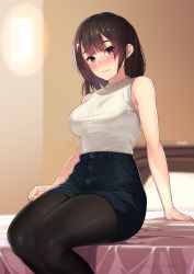 Rule 34 | 1girl, :|, absurdres, bare shoulders, black pantyhose, blue shorts, blurry, blurry background, blush, breasts, brown hair, buttons, closed mouth, commentary request, feet out of frame, high-waist shorts, highres, indoors, kagematsuri, large breasts, legs together, pantyhose under shorts, long hair, looking at viewer, nose blush, on bed, original, pantyhose, purple eyes, ribbed shirt, shirt, short hair, shorts, sitting, sleeveless, sleeveless shirt, solo, thighs, white shirt
