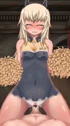 Rule 34 | 1futa, 1girl, absurdres, animal ears, bed, blonde hair, blush, bodypaint, breasts, censored, cheerleader, closed eyes, cowgirl position, cum, futa with female, futanari, girl on top, heart, heart censor, helma lennartz, highres, long hair, lying, medium breasts, monizumi ishikawa, multiple girls, navel, nipples, nude, on back, open mouth, penis, pointless censoring, pom pom (cheerleading), pov, pussy, pussy juice, see-through, sex, solo focus, straddling, strike witches, strike witches: suomus misfits squadron, sweat, vaginal, world witches series