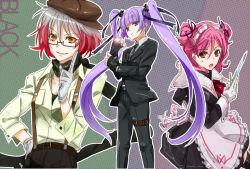 Rule 34 | 3girls, alternate costume, cheria barnes, formal, glasses, gradient hair, ishizue ei, knife, maid, multicolored hair, multiple girls, pant suit, pants, pascal (tales), pink hair, purple hair, red hair, sophie (tales), suit, tales of (series), tales of graces, tuxedo, twintails, two-tone hair, two side up, white hair, yomoyama