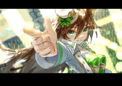 Rule 34 | 1girl, absurdres, blurry, blurry background, bokeh, breasts, brown hair, depth of field, finger gun, floating hair, green eyes, green shirt, hair between eyes, hair ornament, hairclip, hat, highres, jacket, letterboxed, long hair, mini hat, mini top hat, mr. c.b. (umamusume), open clothes, open jacket, open mouth, outstretched arm, pointing, pointing at viewer, shirt, small breasts, smile, solo, stage lights, top hat, umamusume, upper body, white jacket, yu hydra