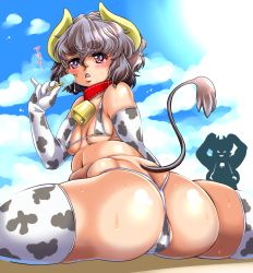 Rule 34 | 2girls, animal print, ass, bell, black hair, breasts, butt crack, collar, cow girl, cow print, cowbell, food, highres, horns, multiple girls, nanashi mushi, pink eyes, plump, popsicle, small breasts, sweat, tail