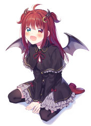 Rule 34 | 1girl, :d, ahoge, between legs, black capelet, black dress, black thighhighs, blush, bow, capelet, crescent, crescent hair ornament, demon girl, demon horns, demon wings, dress, fang, frilled capelet, frilled dress, frills, fuji fujino, full body, green eyes, grey wings, hair ornament, hand between legs, heterochromia, highres, horns, long hair, long sleeves, looking at viewer, neck ribbon, nijisanji, open mouth, red bow, red eyes, red footwear, red hair, red ribbon, ribbon, seiza, shadow, shoes, sitting, smile, solo, thighhighs, two side up, very long hair, virtual youtuber, white background, wings, yuzuki roa