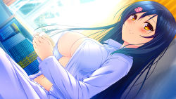 Rule 34 | 1girl, blue hair, blush, book, bookshelf, breasts, cherry blossoms, cleavage, collared shirt, cup, curtains, drink, dutch angle, female focus, from side, game cg, haikai giga, hair ornament, hairclip, holding, indoors, kagami suzuha, large breasts, light rays, light smile, long hair, long sleeves, morning, mug, navel, no bra, open clothes, open shirt, orange eyes, pajamas, ren&#039;ai phase, shirt, sitting, smile, solo, sunbeam, sunlight, usume shirou, very long hair, wallpaper, window