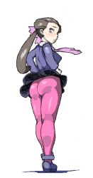 Rule 34 | 00s, 1girl, ass, brown hair, clothes lift, creatures (company), game freak, gym leader, legs, looking back, mizubaki, nintendo, pantyhose, pink pantyhose, pokemon, pokemon rse, roxanne (pokemon), simple background, skirt, skirt lift, solo, thick thighs, thighs, white background, wind, wind lift