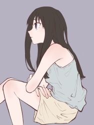 Rule 34 | 1girl, bare arms, black hair, blue tank top, closed mouth, commentary request, expressionless, feet out of frame, from side, grey background, grey shorts, inoue takina, long hair, lycoris recoil, profile, purple eyes, shiratama draw, shorts, simple background, sitting, solo, tank top