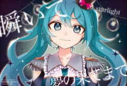 1girl alternate_costume aqua_hair aqua_necktie black_background black_gloves blue_background blue_eyes blue_shirt bow clothing_cutout collarbone contrast_collar double-parted_bangs epaulettes frilled_sailor_collar frills gloves gradient_background hair_between_eyes hat hat_bow hatsune_miku highres long_hair looking_at_viewer mini_hat mixed-language_text multicolored_shirt necktie pink_bow sailor_collar shirt shoulder_cutout sidelocks smile solo song_request sparkle tilted_hat tono_kabeuchi top_hat translation_request twintails twitter_username upper_body vocaloid watermark white_shirt