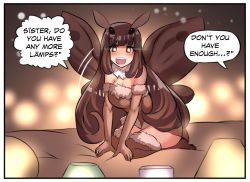 Rule 34 | 1girl, arthropod girl, blush, breasts, brown eyes, brown gloves, brown hair, bug, cleavage, comic, elbow gloves, english text, full body, fur trim, gloves, glowing, glowing eyes, highres, hinghoi, insect girl, insect wings, kneeling, lamp, long hair, medium breasts, monster girl, moth girl, moth wings, open mouth, original, smile, solo, speech bubble, wings