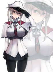 Rule 34 | 10s, 1girl, anchor, black gloves, black pantyhose, blonde hair, breasts, capelet, cross, gloves, graf zeppelin (kancolle), grey eyes, hair between eyes, hand on headwear, hat, impossible clothes, jacket, kantai collection, large breasts, long hair, long sleeves, looking at viewer, miniskirt, moshoko (mizuneroku), necktie, pantyhose, peaked cap, sidelocks, skirt, solo, twintails, uniform