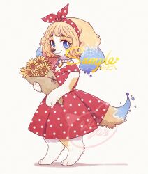 Rule 34 | 1girl, absurdres, animal ears, artist name, blonde hair, blue eyes, bouquet, bow hairband, collar, curly hair, dog ears, dog girl, dress, flower, from side, full body, furry, furry female, hairband, highres, holding, holding bouquet, hua hua de meme, looking at viewer, looking to the side, original, polka dot, polka dot dress, polka dot hairband, red dress, red hairband, sample watermark, short hair, sleeveless, sleeveless dress, smile, solo, standing, sunflower, watermark, white background, white collar, white fur