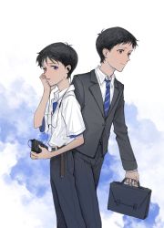 Rule 34 | 2boys, age difference, bag, belt, black bag, black hair, black pants, black suit, blue eyes, blue necktie, blue shirt, blue sky, brown belt, business suit, cable, cassette player, closed mouth, cloud, cloudy sky, collared shirt, deep53river, diagonal-striped clothes, diagonal-striped necktie, diagonal-striped neckwear, earbuds, earphones, evangelion: 3.0+1.0 thrice upon a time, formal, highres, holding, holding bag, holding earphones, ikari shinji, jacket, listening to music, long sleeves, multiple boys, necktie, neon genesis evangelion, pants, parted lips, rebuild of evangelion, school uniform, shirt, shirt under shirt, short hair, short sleeves, sky, standing, striped clothes, striped necktie, striped neckwear, suit, suit jacket, time paradox, walking, walkman, white background, white shirt