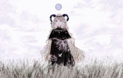 Rule 34 | 1girl, bird, black dress, black horns, blue eyes, curled horns, day, dress, earrings, grass, highres, horns, jewelry, key, keyring, long hair, looking at viewer, original, outdoors, shirone (coxo ii), sky, solo, standing, wavy hair, white sky