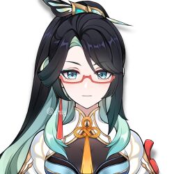 Rule 34 | 1girl, black hair, blue eyes, chinese clothes, chishahaone, cloud retainer (genshin impact), earrings, genshin impact, glasses, green hair, hair ornament, hairpin, high ponytail, highres, jewelry, long hair, multicolored hair, neck tassel, official style, portrait, red-framed eyewear, semi-rimless eyewear, single earring, solo, two-tone hair, xianyun (genshin impact)