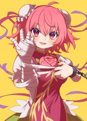 Rule 34 | 1girl, :d, bandaged arm, bandages, chain, cuffs, double bun, e sdss, flower, hair bun, highres, ibaraki kasen, looking at viewer, open mouth, pink flower, pink rose, rose, sarashi, shackles, simple background, smile, touhou, yellow background