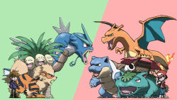 Rule 34 | 2boys, :3, adjusting clothes, adjusting headwear, animal focus, arcanine, arm at side, bag, baseball cap, black eyes, black hair, black pants, black shirt, blacknirrow, blastoise, blue eyes, blue pants, blue shirt, bright pupils, brown eyes, brown footwear, brown hair, charizard, claws, closed mouth, creatures (company), dragon, exeggutor, eye contact, fangs, fern, flame-tipped tail, flower, from side, full body, game freak, gary oak, gen 1 pokemon, green background, grey eyes, grin, gyarados, half-closed eyes, hand in pocket, hand up, happy, hat, highres, holding, holding poke ball, jewelry, leaf, long sleeves, looking at another, looking to the side, matching hair/eyes, multiple boys, multiple heads, necklace, nintendo, open clothes, open mouth, open vest, pants, pink flower, plant, poke ball, poke ball (basic), pokemon, pokemon (creature), pokemon rgby, profile, raglan sleeves, red (pokemon), red background, red eyes, red headwear, red vest, shirt, shoes, short hair, short sleeves, shoulder bag, sideways mouth, simple background, smile, spiked hair, split mouth, standing, starter pokemon trio, teeth, two-tone background, v-shaped eyebrows, venusaur, vest, white footwear, white pupils, white sleeves
