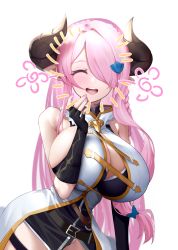 Rule 34 | blush, braid, breasts, cleavage, coat, draph, gloves, granblue fantasy, hair ornament, hair over one eye, highres, horns, large breasts, light purple hair, long hair, narmaya (granblue fantasy), open mouth, pointy ears, single braid, sleeveless, smile, solo, vest, xiujia yihuizi