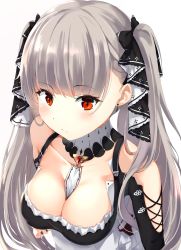 Rule 34 | 1girl, arm under breasts, azur lane, bad id, bad pixiv id, bare shoulders, between breasts, black dress, black nails, blush, breasts, cleavage, dress, earrings, formidable (azur lane), frilled dress, frills, grey hair, hair ribbon, highres, jewelry, large breasts, long hair, long sleeves, looking at viewer, nail polish, ponyaru, red eyes, ribbon, simple background, solo, twintails, two-tone dress, upper body, very long hair