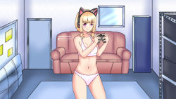 Rule 34 | 1girl, absurdres, aisha venia, animal ears, artist name, blonde hair, blue archive, bra, carpet, commission, controller, couch, eyebrows, eyelashes, fake animal ears, game controller, highres, indoors, knee up, locker, looking at viewer, momoi (blue archive), panties, pink eyes, polka dot, room, simple background, thighs, underwear, wall, watermark, white bra, white panties