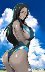 Rule 34 | 1girl, ass, bare shoulders, black hair, blush, breasts, brown eyes, caster of the nocturnal castle, cloud, cloudy sky, competition swimsuit, dark-skinned female, dark skin, day, fate (series), large breasts, lips, long hair, one-piece swimsuit, scheherazade (fate), shibusun, sideboob, sky, solo, swimsuit, thighs