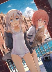 Rule 34 | 10s, 2girls, ahoge, beize (garbage), blonde hair, blue eyes, clothes writing, commentary request, hair between eyes, hat, holding hands, i-58 (kancolle), kantai collection, long hair, long sleeves, multiple girls, one-piece swimsuit, open mouth, pink eyes, pink hair, school swimsuit, school uniform, serafuku, short sleeves, straw hat, swimsuit, swimsuit under clothes, u-511 (kancolle), underwear, unworn hat, unworn headwear, white one-piece swimsuit, white school swimsuit
