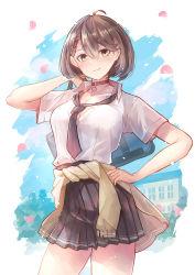 Rule 34 | 1girl, azur lane, baltimore (after-school ace) (azur lane), baltimore (azur lane), black choker, black necktie, black skirt, braid, breasts, brown hair, building, choker, cleavage, clothes around waist, collarbone, commentary request, cowboy shot, grey jacket, hair between eyes, hand on own hip, jacket, jacket around waist, large breasts, looking at viewer, miniskirt, necktie, outdoors, petals, pleated skirt, sea nami, shirt, short hair, short sleeves, skirt, smile, solo, standing, white shirt, yellow eyes