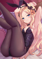 Rule 34 | 1girl, abigail williams (fate), animal ears, armpits, arms up, ass, black bow, black leotard, blonde hair, blue eyes, blush, bow, breasts, brown pantyhose, detached collar, duplicate, fake animal ears, fate/grand order, fate (series), forehead, hair bow, highleg, highleg leotard, highres, legs up, leotard, long hair, looking at viewer, milkshakework, multiple bows, orange bow, pantyhose, parted bangs, pixel-perfect duplicate, playboy bunny, polka dot, polka dot bow, rabbit ears, small breasts, smile, solo, thighs, wrist cuffs