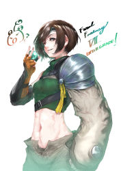Rule 34 | 1girl, absurdres, armor, bracer, brown eyes, brown gloves, brown hair, brown shorts, clenched hand, commentary, copyright name, cropped sweater, final fantasy, final fantasy vii, final fantasy vii remake, gloves, headband, highres, holding, kanehira (nowisima), looking at viewer, materia, midriff, moogle, navel, open fly, ribbed sweater, short hair, shorts, sleeveless, sleeveless turtleneck, smile, solo, standing, striped, sweater, turtleneck, turtleneck sweater, upper body, v, white background, yuffie kisaragi