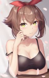 Rule 34 | 1girl, alternate costume, black camisole, breasts, brown hair, camisole, collarbone, commentary request, green eyes, hairband, highres, kantai collection, large breasts, looking at viewer, monoku, mutsu (kancolle), red hairband, short hair, smile, solo, strap slip, upper body