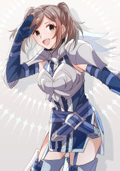 Rule 34 | 1girl, :d, arm guards, armor, blue dress, blue gloves, breastplate, brown hair, cowboy shot, cynthia (fire emblem), dress, elbow gloves, fire emblem, fire emblem awakening, gloves, highres, looking at viewer, nintendo, open mouth, pauldrons, shoulder armor, smile, solo, thighhighs, twintails, twitter username, yutohiroya
