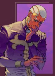 Rule 34 | 1boy, black eyes, covering own mouth, dark-skinned male, dark skin, enrico pucci, facial hair, hand over own mouth, highres, jojo no kimyou na bouken, long sleeves, male focus, priest, purple theme, solo, stone ocean, sweat, tentarou, white hair