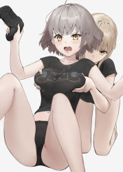 Rule 34 | 2girls, anouetto, artoria pendragon (all), artoria pendragon (fate), bad id, bad pixiv id, bare legs, black panties, black shirt, blonde hair, blush, breast envy, grabbing another&#039;s breast, closed mouth, commentary request, controller, eyes visible through hair, fate/grand order, fate (series), game controller, grabbing, grabbing from behind, grey background, hands up, highres, holding, holding controller, jeanne d&#039;arc (fate), jeanne d&#039;arc alter (avenger) (fate), jeanne d&#039;arc alter (fate), kneeling, midriff, multiple girls, navel, no pants, panties, playstation controller, print shirt, revision, saber alter, shirt, short hair, short sleeves, silver hair, simple background, sitting, spread legs, t-shirt, underwear, white background, yellow eyes, yuri