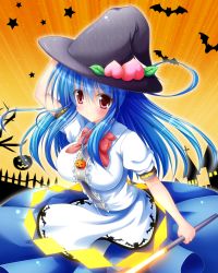 Rule 34 | 1girl, bat (animal), blue hair, halloween, hat, hinanawi tenshi, jack-o&#039;-lantern, long hair, osashin (osada), red eyes, solo, sword of hisou, touhou, witch hat