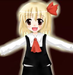Rule 34 | 1girl, bad id, bad pixiv id, blonde hair, embodiment of scarlet devil, fang, female focus, osa, osa@, outstretched arms, red eyes, ribbon, rumia, short hair, solo, spread arms, touhou