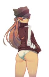 Rule 34 | 10s, 1girl, animal hat, ass, bad id, bad pixiv id, blue eyes, blurry, cat hat, chromatic aberration, evangelion: 3.0 you can (not) redo, eyepatch, hands in pockets, harabacho (gkfkqkch1), hat, jacket, long hair, looking at viewer, looking back, neon genesis evangelion, no pants, orange hair, panties, rebuild of evangelion, red hair, solo, souryuu asuka langley, underwear, white background, white panties