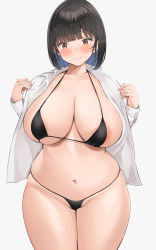 Rule 34 | 1girl, absurdres, areola slip, bikini, bikini under clothes, black bikini, black hair, blunt bangs, blush, bob cut, breasts, brown eyes, cleavage, closed mouth, collarbone, curvy, highres, huge breasts, legs together, looking at viewer, navel, neneneji, open clothes, open shirt, original, shirt, simple background, skindentation, smile, solo, standing, swimsuit, swimsuit under clothes, thong bikini, white background, white shirt
