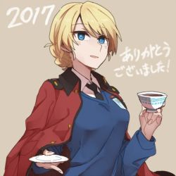 Rule 34 | 10s, 1girl, 2017, black necktie, blonde hair, blue eyes, blue sweater, braid, brown background, commentary request, cup, darjeeling (girls und panzer), dress shirt, emblem, epaulettes, girls und panzer, holding, jacket, jacket on shoulders, long sleeves, looking at viewer, military, military uniform, necktie, open mouth, red jacket, ree (re-19), saucer, school uniform, shirt, short hair, simple background, smile, solo, st. gloriana&#039;s (emblem), st. gloriana&#039;s military uniform, st. gloriana&#039;s school uniform, sweater, teacup, twin braids, uniform, upper body, v-neck, white shirt, wing collar