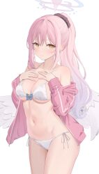 Rule 34 | 1girl, absurdres, angel wings, bare shoulders, bikini, blue archive, blush, breasts, cleavage, collarbone, feathered wings, hair intakes, hair ornament, hair scrunchie, halo, hands on own chest, highres, hiyayo25, jacket, jacket partially removed, long hair, looking at viewer, medium breasts, mika (blue archive), navel, navel piercing, open clothes, open jacket, piercing, pink hair, pink jacket, scrunchie, side-tie bikini bottom, sidelocks, simple background, solo, swimsuit, track jacket, very long hair, white background, white bikini, white wings, wings