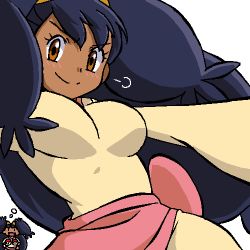 Rule 34 | 1girl, puff of air, alternate breast size, big hair, blush, breasts, brown eyes, closed mouth, creatures (company), dark skin, female focus, game freak, gomatarou (pixiv196136), hair ornament, happy, imagining, iris (pokemon), jaggy lines, large breasts, long sleeves, lowres, multiple views, nintendo, open mouth, poke ball symbol, pokemon, pokemon bw, purple hair, shirt, simple background, smile, white background