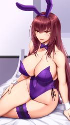 Rule 34 | 1girl, akitsuki karasu, animal ears, bed, breasts, detached collar, fake animal ears, fate/grand order, fate (series), hairband, highres, indoors, large breasts, leotard, official alternate costume, playboy bunny, purple hairband, purple leotard, rabbit ears, scathach (fate), scathach (piercing bunny) (fate), smile, solo, strapless, strapless leotard, thigh strap, wrist cuffs