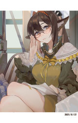 Rule 34 | 1girl, absurdres, adjusting eyewear, animal ears, arknights, book, bow, bowtie, brown eyes, brown hair, chinese commentary, crossed legs, dated, dress, feet out of frame, fox ears, glasses, green sleeves, hair bow, hairband, hand on eyewear, highres, holding, holding book, letterboxed, long hair, looking at viewer, official alternate costume, perfumer (arknights), perfumer (leisurely afternoon) (arknights), ponytail, reading, semi-rimless eyewear, sitting, solo, thighs, under-rim eyewear, yellow bow, yellow bowtie, yellow dress, yumingtongxue