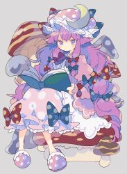 Rule 34 | 1girl, blue bow, blush stickers, book, bow, bowtie, commentary, crescent, crescent pin, dress, fly agaric, full body, grey background, hair bow, hat, hat bow, highres, holding, holding book, jitome, long hair, long sleeves, mob cap, mushroom, nikorashi-ka, patchouli knowledge, pink dress, pink footwear, pink hat, polka dot, polka dot bow, polka dot dress, polka dot footwear, polka dot headwear, purple bow, purple bowtie, purple eyes, purple hair, red bow, simple background, sitting, slippers, solo, symbol-only commentary, touhou, very long hair
