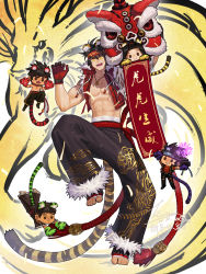 Rule 34 | 1boy, abs, animal ears, animal print, artist name, belt, biceps, black hair, chibi, chinese zodiac, dungeon and fighter, fangs, fireworks, gloves, highres, jacket, jewelry, jin (sirius-j), kanji, leg up, male focus, muscular, muscular male, necklace, new year, open clothes, open jacket, open mouth, original, pants, pectorals, scar, scar on face, signature, socks, solo, spiked hair, tail, teeth, tiger, tiger boy, tiger ears, tiger mask (object), tiger print, tiger tail, tongue, year of the tiger, yellow eyes