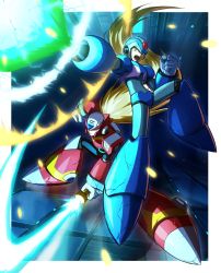 Rule 34 | 2boys, android, arm cannon, armor, blonde hair, blue bodysuit, blue eyes, blue footwear, blue headwear, bodysuit, boots, border, capcom, closed mouth, commentary request, crack, energy, energy sword, firing, floating hair, gloves, green eyes, helmet, highres, holding, holding sword, holding weapon, hoshi mikan, jumping, long hair, looking at viewer, male focus, mega man (series), x (mega man), mega man x (series), multiple boys, on one knee, open mouth, project x zone, red footwear, red headwear, robot ears, serious, sword, teeth, very long hair, weapon, white border, white gloves, zero (mega man)