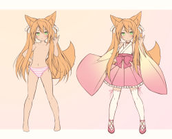 Rule 34 | 1girl, :&lt;, animal ear fluff, animal ears, bad id, bad pixiv id, bare legs, bare shoulders, barefoot, black collar, blush, bow, brown background, brown hair, closed mouth, collar, collarbone, commentary request, detached sleeves, flower, fox ears, fox girl, fox shadow puppet, fox tail, frilled skirt, frills, gradient background, green eyes, hair between eyes, hand on own hip, hand up, highres, japanese clothes, kimono, long hair, long sleeves, miko, multiple views, navel, original, panties, pink background, pink bow, pink flower, pink footwear, pink skirt, pink sleeves, pleated skirt, ribbon-trimmed legwear, ribbon trim, sasakura momiji, shoes, skirt, sleeveless, sleeveless kimono, striped clothes, striped panties, tail, thighhighs, topless, twintails, underwear, underwear only, v-shaped eyebrows, very long hair, white kimono, white thighhighs, wide sleeves